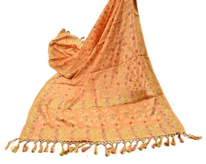 Vintage Dupatta Peach Long Stole Pure Silk Hand Woven Scarves Veil Scarf Wrap - Picture 1 of 20