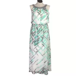 Vince Camuto Maxi Dress Women 14 White Blue Gray Geometric Keyhole Halter Beaded - Picture 1 of 11