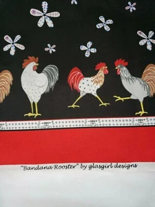 Rooster Chickens Fabric By Glasgirl Designs w 40" × L 133" Flowers Farm Black - Picture 1 of 6