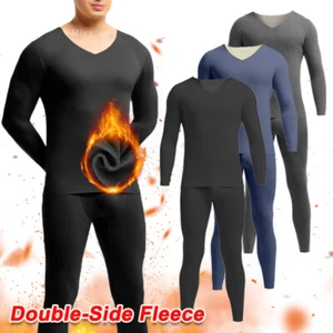 Mens Thermal Underwear Set Fleece Lined Long Johns V-Neck Top Bottom Base Layer - Picture 1 of 32
