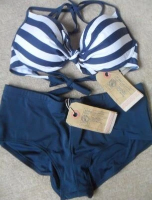 FAT FACE NAVY MIX NAUTICAL STRIPE WIRED PADDED HALTER BOYSHORTS BIKINI 14  14-16 - Image 1 of 4