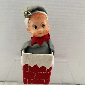 Vintage Knee Hugger Pixie Elf Ornament Red Gold Chimney Christmas Rare - Picture 1 of 11