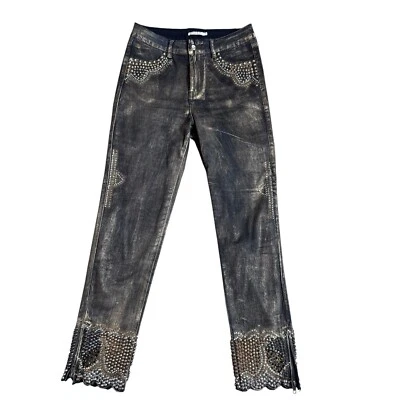 Luxe Moda Women's 6 Embellished Studded Black & Gold Glam Jeans Pants Ankle Zip - Image 1 of 4