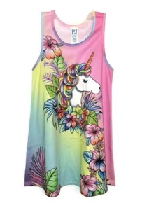 Girl's Tropical Hibiscus Floral Unicorn Sleeveless Nightgown, Gown - Picture 1 of 14