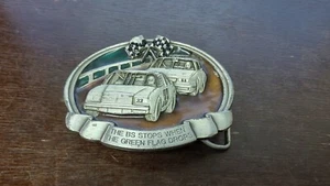 Vintage 1984 Bergamotte Messing Werke Gürtelschnalle Autorennen BS stoppt grüne Flagge fällt - Bild 1 von 6