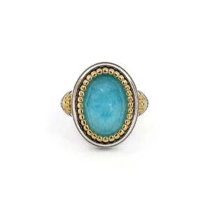 Byzantine Ring with Amazonite Doublet Stone – 925 Sterling Silver Gold Plated - Picture 1 of 5