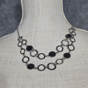 Silberfarbene Halskette Schwarz Akzent Kreise Doppelstrang Modeschmuck - Bild 1 von 5