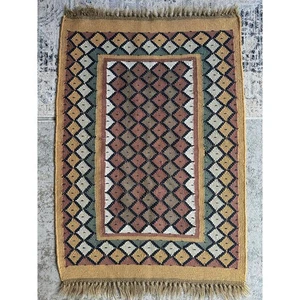 Vintage Türkischer Kelim Teppich Boho Aztekenteppich 37x25" Wolle Jute Natur Gewebt  - Bild 1 von 19