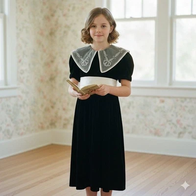 Strasburg Heirloom Black Velvet Dress Girls 8 Satin Waist Embroidered Collar - Image 1 of 4