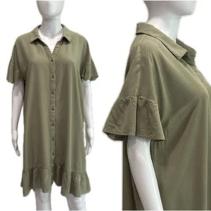 Lucky Brand Flutter Sleeve Shirtdress Size XL Olive Rayon Ruffle Hem A-Line - Picture 1 of 15