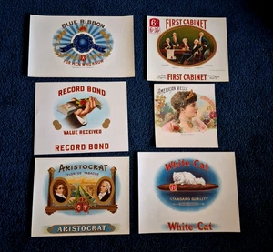 VINTAGE lot of 6 CIGAR BOX TOBACCO Labels advertising Embossed FREE SHIPPING - Picture 1 of 10