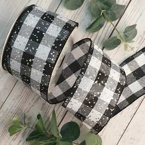 Luxury Black & White Check Christmas Ribbon With Silver Glitter Dots Xmas Tree - Picture 1 of 2