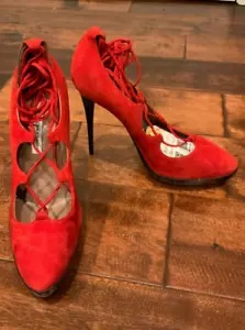 Tabitha Simmons Red Suede Lace-Up Pumps Heels, Size 7.5 (US) 37.5 (IT) - Picture 1 of 10