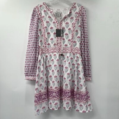 Haute Hippie Women's Small White Pink Boho Floral Long Sleeve Mini Dress NEW - Image 1 of 4