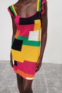 Zara Patchwork Cotton Crochet Dress M Bright Geometric Beach Semi Sheer Cover Up - Picture 1 of 16