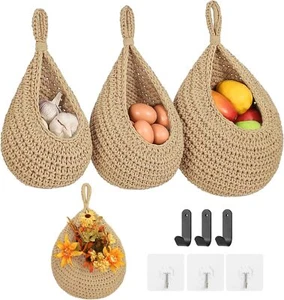 Wall Hanging Fruit Baskets Kitchen 3 Pack Woven Produce Holder 6 Pcs Strong Hook - Picture 1 of 6
