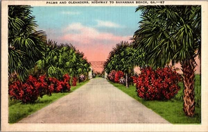 Postkarte Palmen Oleanders Highway Savannah Beach Georgia Leinen unbesendet - Bild 1 von 3
