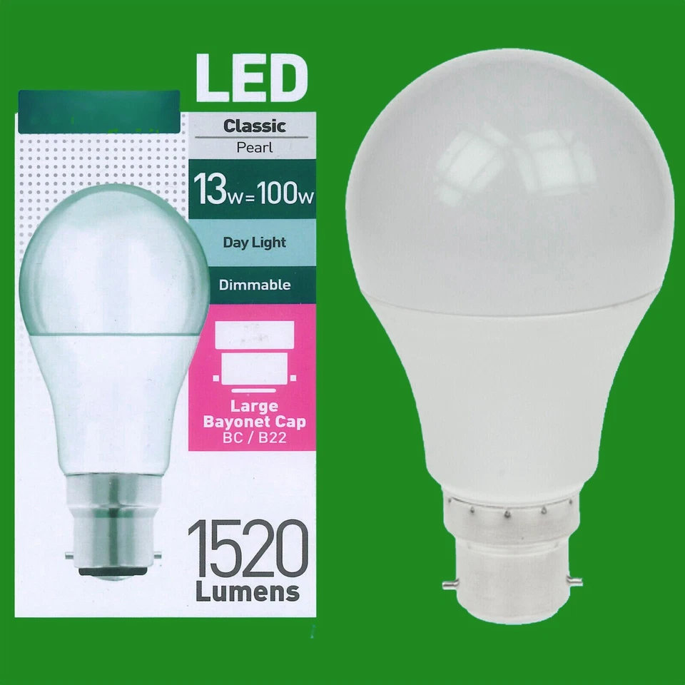 2x 13W = 100W Pearl Dimmable LED GLS Bayonet Cap BC B22 Day Light 6500k 1520lm - Image 1 of 1