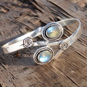 Labradorite Gemstone Bracelet 925 Sterling Silver Handmade Bangle Adjustable - Picture 1 of 7