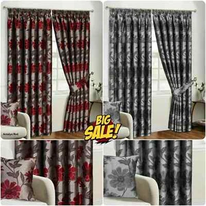 Fully Ready Made Thick Curtain Eyelet Pencil Pleat Luxury Curtain Free Tie-Back - Picture 1 of 12