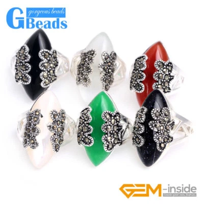 Anillo de Plata Tibetana Marquesa Piedra Tibetana Marcaita + Caja de Regalo 14x27mm Foto 1 de 4