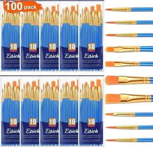 ESRICH Acrylic Paint Brushes Set, 10 Packs/ 100 Pcs Watercolor Brushes,Nylon Bru - Picture 1 of 10