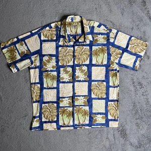 Aloha Hut Hawaii Shirt Mens XL Cotton Button Up Tile Art Floral Palm Trees Blue - Picture 1 of 5