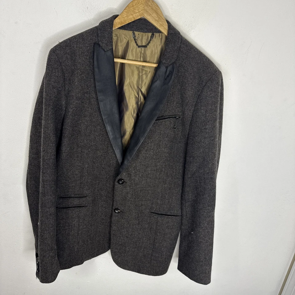 Diesel Wool Tweed Blazer Men L Brown Herringbone Leather Trim Gold Lining - Image 1 of 4