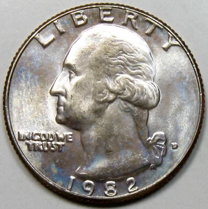 Uncirculated 1982-D Washington Quarter, Pretty Rainbow Toning - Picture 1 of 2