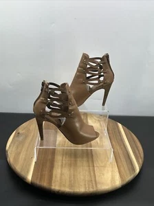 Next Women Peep Toe Boots UK Size 4 Faux Leather Tan Brown Stiletto Heel Zip Up - Picture 1 of 15