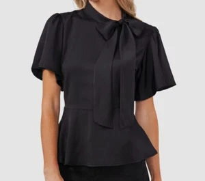 CeCe Women's Black Flare Short-Sleeve Tie-Neck Peplum Hem Blouse Top Size XS - Picture 1 of 2