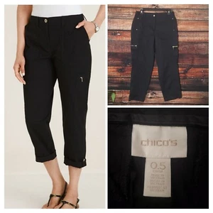 Chicos Pants Size 0.5 US 6 Comfort Stretch Cargo Capri Crop Black Crops Womens - Picture 1 of 9