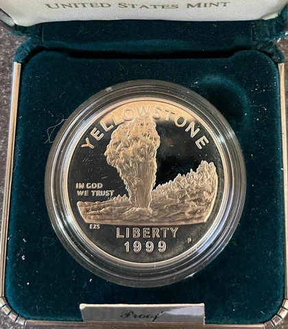 1999 Yellowstone Commemorative Coin Proof Silver Dollar w/Case Cover