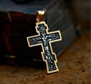 Kreuz Anhänger Christentum Jesus orthodox Religion Gold schwarz 30 x 70 mm - Bild 1 von 1
