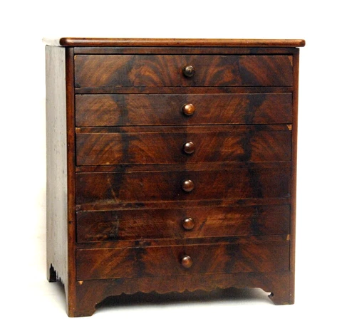 RARE ANTIQUE FEDERAL CIRCA 1830 CHERRY & MAHOGANY SIX DRAWER MINIATURE CHEST Cover