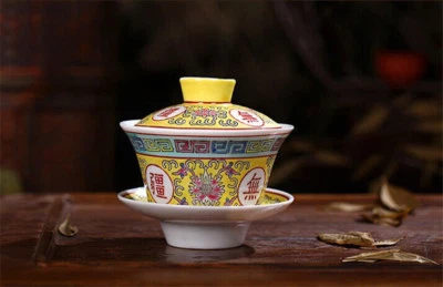 Antigua porcelana Gaiwan Mun Shou longevidad flor puré taza china tapa tazón Foto 1 de 4