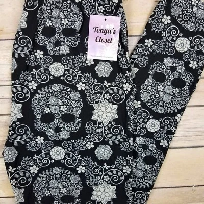 Leggings Calavera Floral Negro Gris Flores Manteroso Suave TALLA ÚNICA OS  Foto 1 de 3