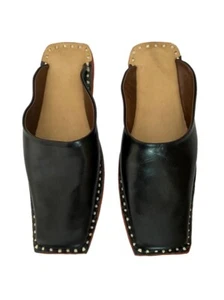 Women's Genuine Black Leather Handmade Indian Square Toe Clog Shoes Mules Jutti - Picture 1 of 7