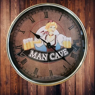 Man Cave Wall Clock Bar Maid Serving Beer Roman Numerals Battery Operated - Image 1 of 3