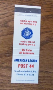 FRATERNAL AMERICAN LEGION MATCHBOOK COVER: NORTHUMBERLAND, PA MATCHCOVER -B9 - Bild 1 von 1