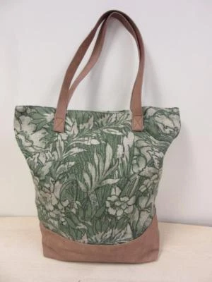 MERONA Green Jute & Cotton and Faux Leather Floral Tote Bag NEW! - Image 1 of 4