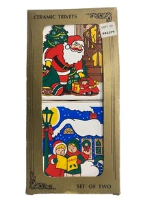 Vintage Ceramic Christmas Trivets Hanging Hot Plate Retro Kitchen Santa Carolers - Picture 1 of 4