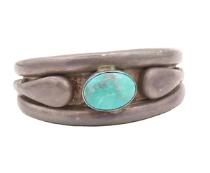 925 Sterling Silver Vintage Bracelet Carved Puffed Cabochon Turquoise  BT10202 - Picture 1 of 8