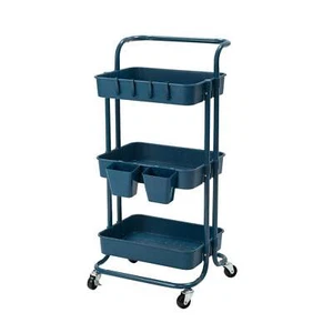 Trolley Cart Storage Utility Rack Shelf Organiser Swivel Kitchen 3 Tier BLUE - Picture 1 of 11