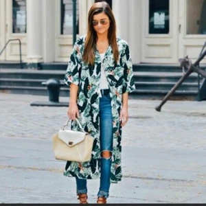Rachel Zoe Palm Leaf Print Duster Green Red Tunic Cover Up - Picture 1 of 5