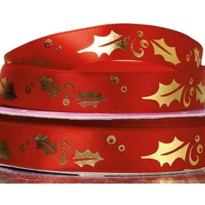 5/8" Wide Gold Poinsettias On Red Satin Christmas Ribbon - 25 Yards (5616730501) - Picture 1 of 1