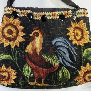 Vintage Gobelin Schultertasche mit Hahn und Sonnenblumen Design - Bild 1 von 9