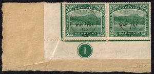 Dominica 1918 Kriegssteuer Ausgaben SG 55 1/2d grünes Ecksteuerpaar auf Deckstück - Bild 1 von 2