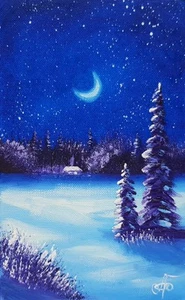 Mini Winter Night Painting Cabin Lights Moon Stars Fir Trees Snow Wall Art Gift - Picture 1 of 24