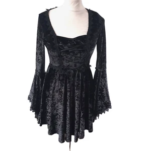 DollsKill Widow Crushed Velvet Dress S goth gothic Black Stretchy Short - Picture 1 of 13